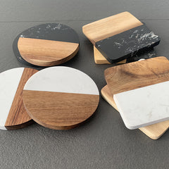Acacia Wood & Marble Coaster - Square White