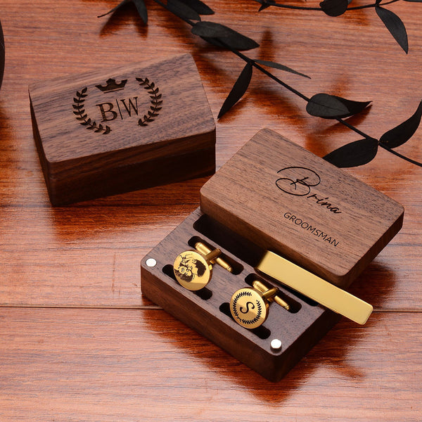 Cufflink + Tie Clip Set - Black Walnut - Gold