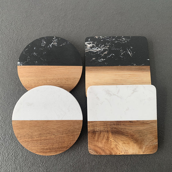 Acacia Wood & Marble Coaster - Black white round and square uk supplies for laser 