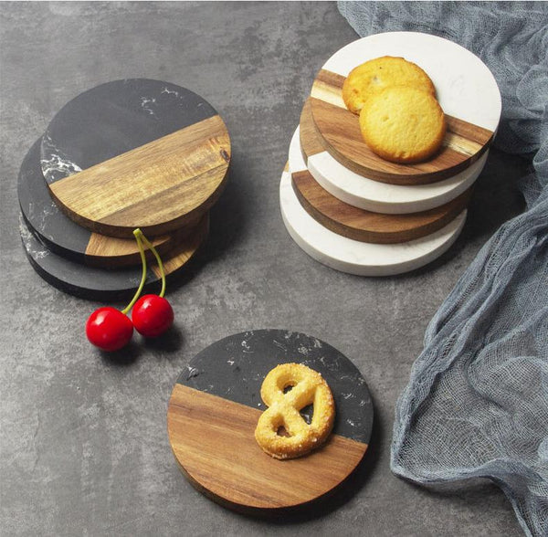 Acacia Wood & Marble Coaster - Round Black