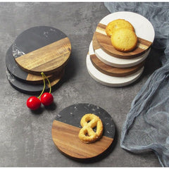 Acacia Wood & Marble Coaster - Round Black