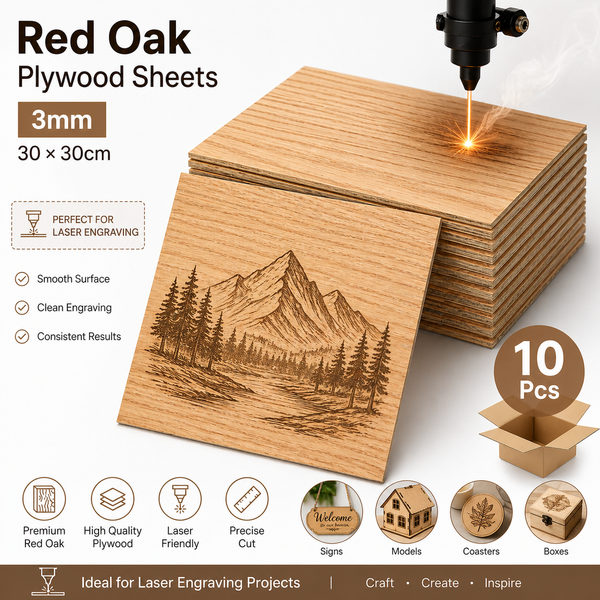 10 Pcs - Red Oak Plywood Sheets 3mm (30×30cm)