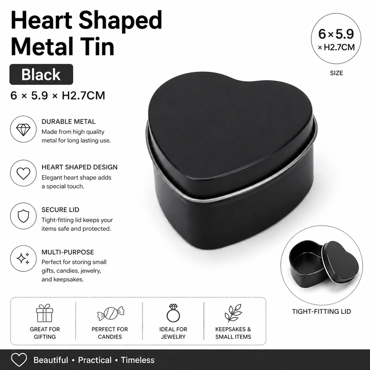 Small Heart Tin - Black