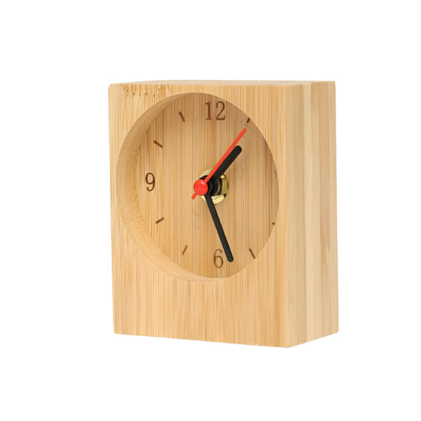 Wooden clock with red and black hands on a white background