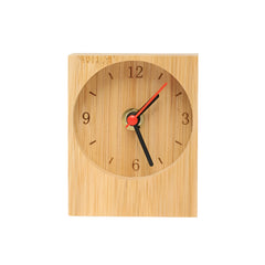 Wooden clock with red and black hands on a white background