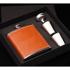 Brown Leather Hip Flask Set + Gift Box