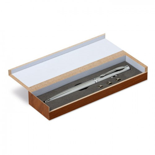 Deluxe Multifunctional Laser Ballpoint Pen in Wooden Box - Silver