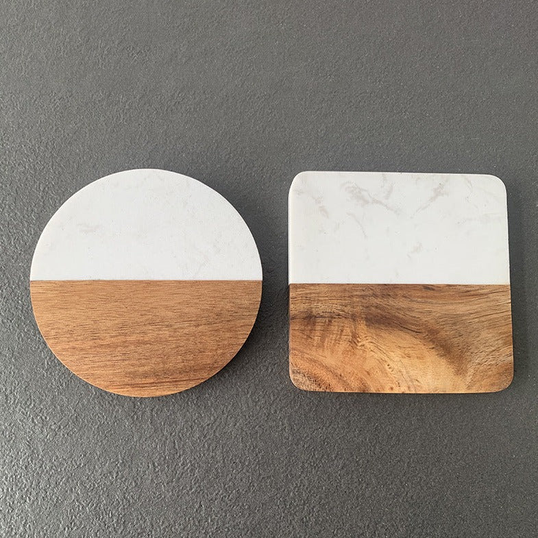 Acacia Wood & Marble Coaster - Square White